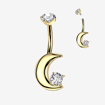 Implant Grade Titanium Golden Crescent Moon Sparkle Internally Threaded Belly Button Ring-Clear Gem